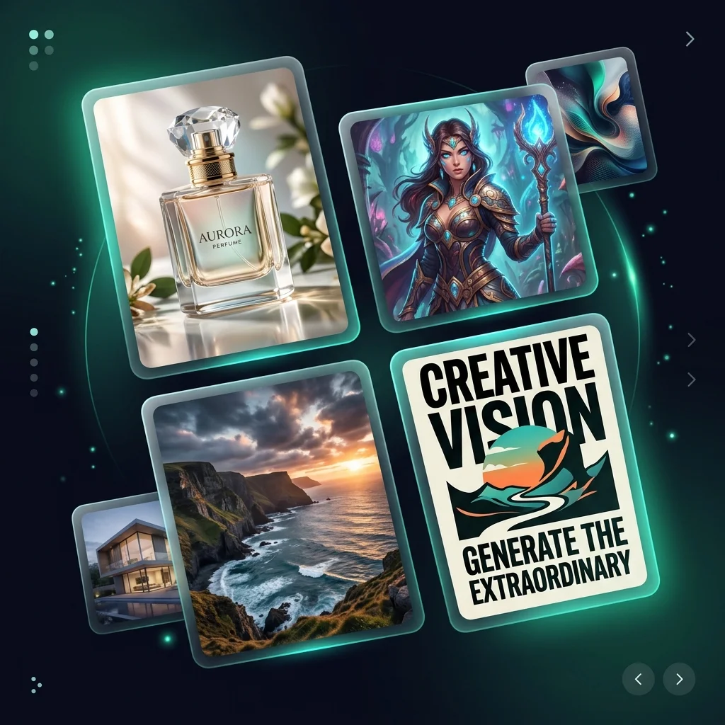 Omni AI image generation showcase with product photos, character designs, and poster layouts