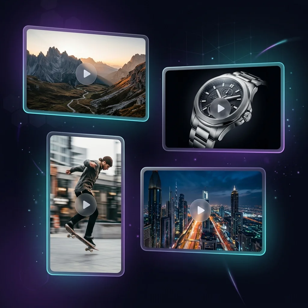 Omni AI video generation showcase with cinematic scenes, product ads, and social clips